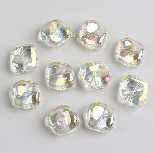 Бусина-квадрат 11 мм прозрачный радужный желтый (стекло)