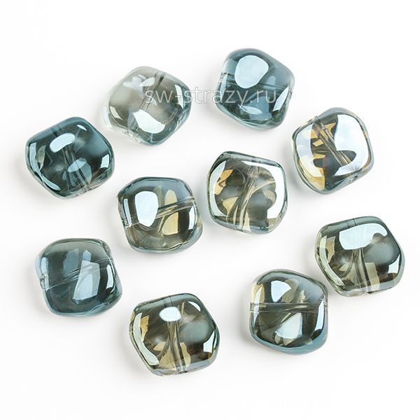 Бусина-квадрат 11 мм прозрачный радужный зеленый (стекло)